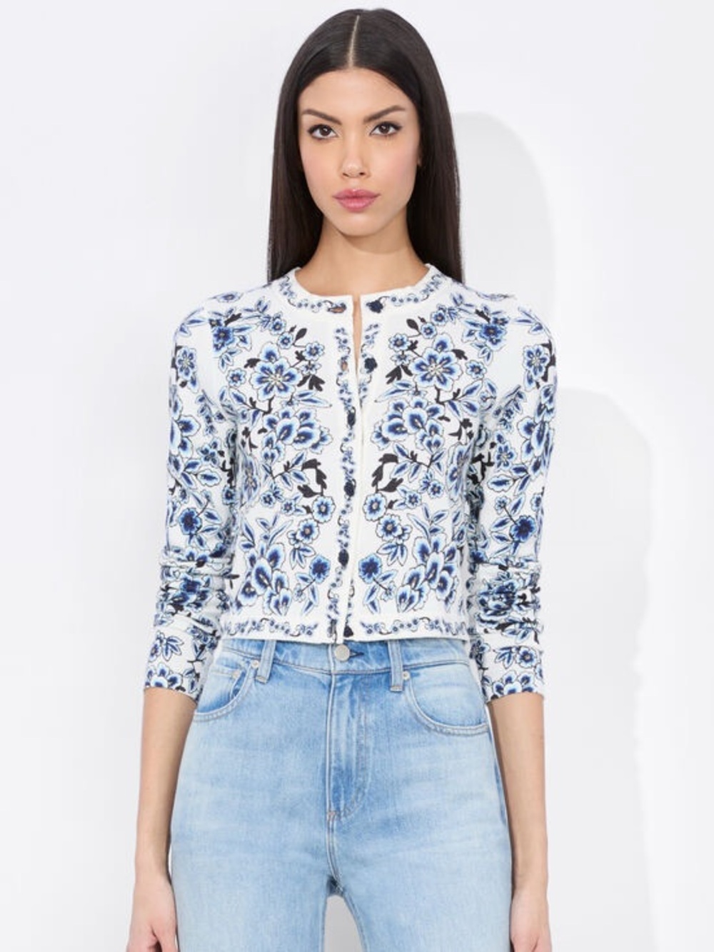 Alice + Olivia White Floral Knit Cardigan with Blue Blooms
